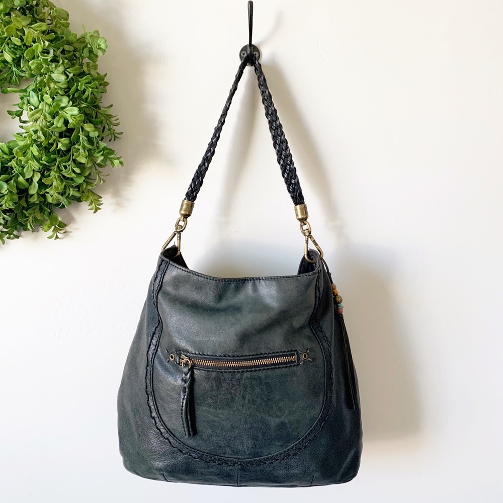 ( The Sak ) Black Leather Braid Tassel Hobo Bag
